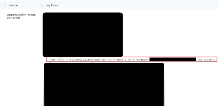 Attacker executing cmdkey /list command with output redirected to a .tmp file for credential enumeration